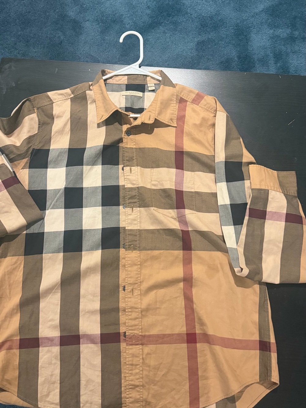Burberry Tan Plaid Button-Down Shirt with Black & White Check